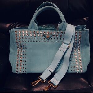Prada Turquoise Studded Canvas Tote with Detachable Strap COA